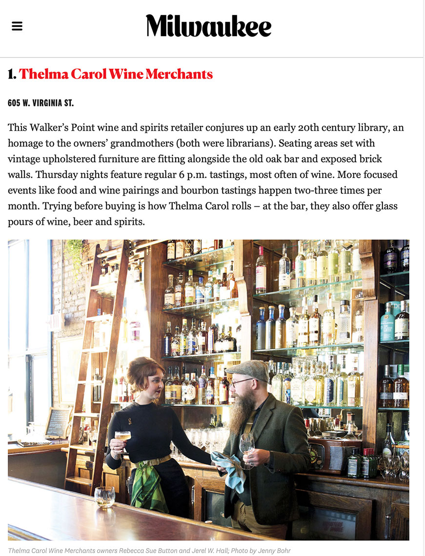 Milwaukee Magazine Review of Thelma Carol Wine