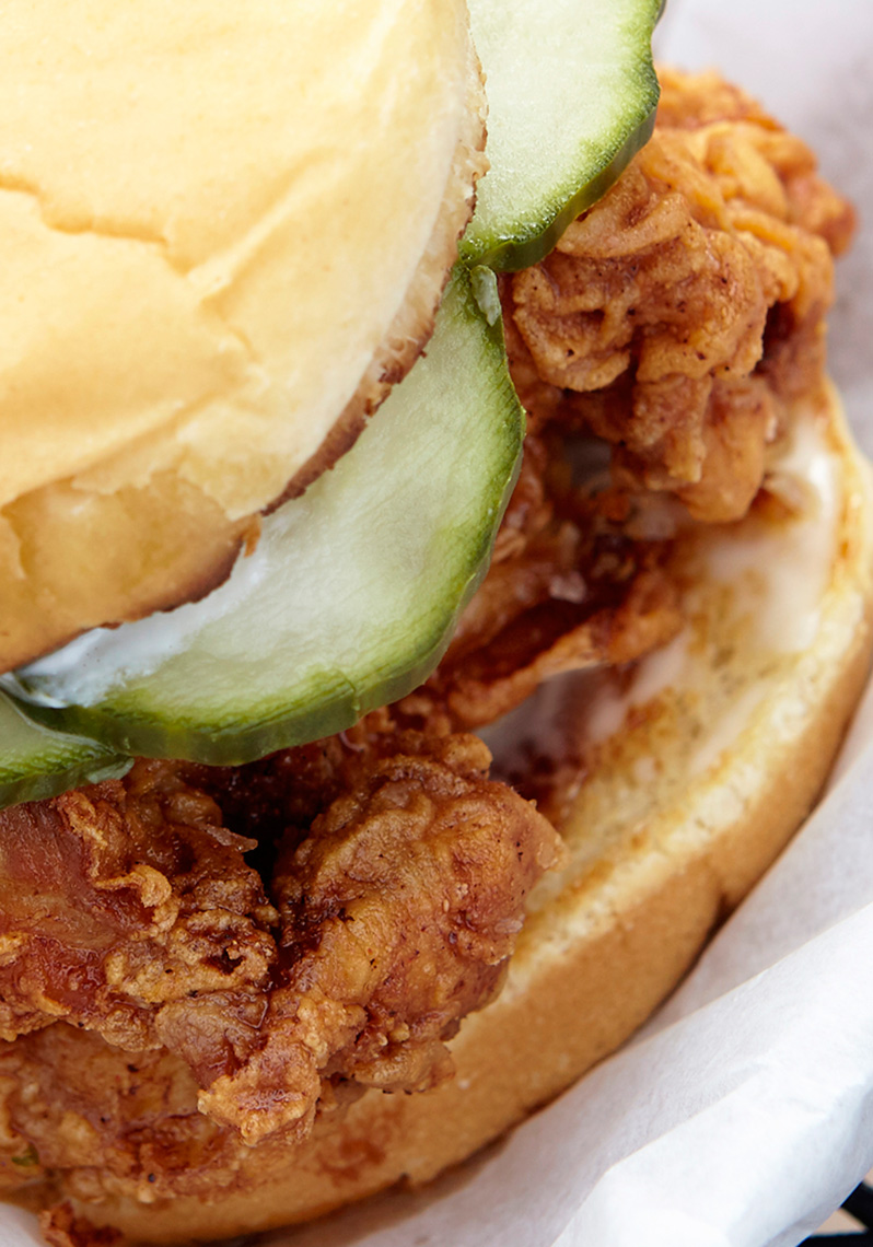Close Up of Hot Chicken Sandwich by Foxfire Foods.